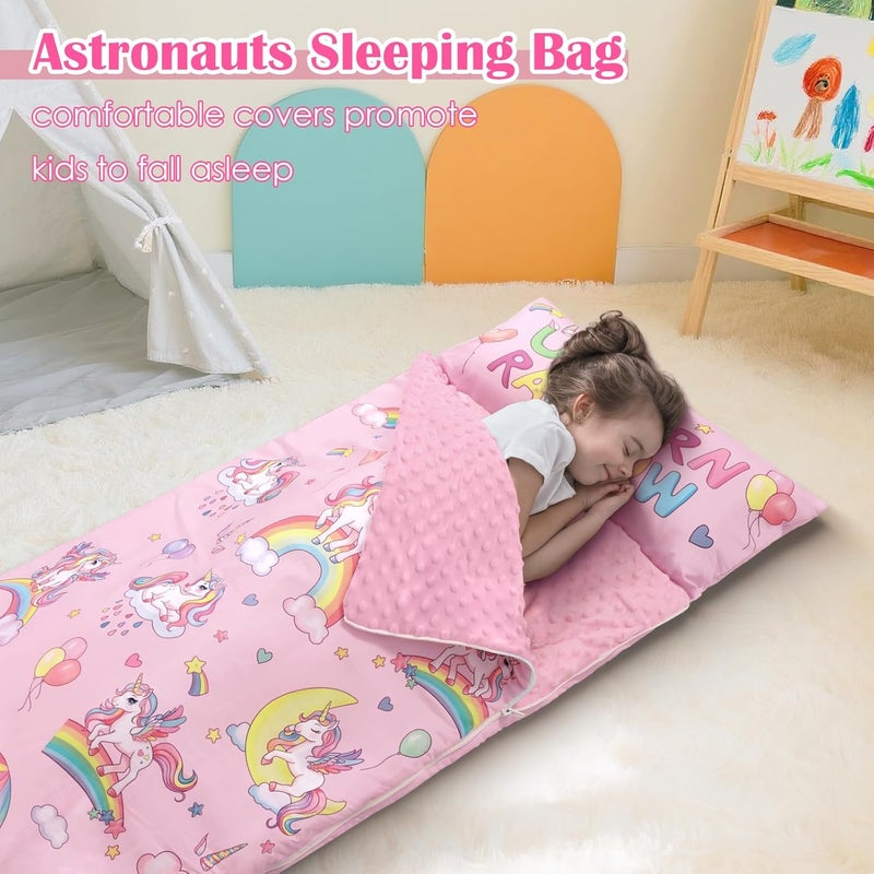 Decalsweet Kids Sleeping Bag Toddler Nap Mat with Removable Pillow, Large Foldable Sleeping Bag for Girls Boys, Easy Clean Slumber Bag with Double Zip for Camping School Preschool Daycare, 59×24 inch - Image 3